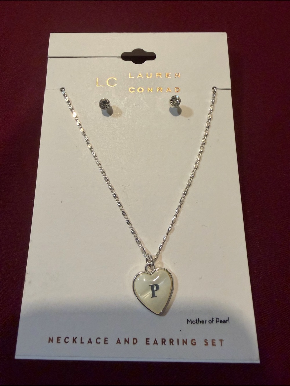 LC Lauren Conrad Silver Mother-of-Pearl Heart 'P' Pendant Necklace & Studs